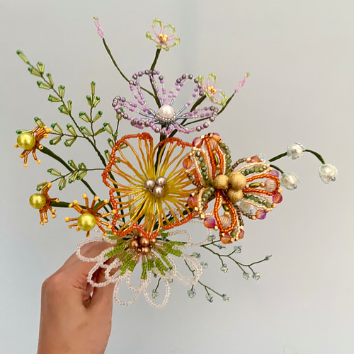ビーズフラワー ブーケ アプリコット ビーズフラワー ブーケ（アプリコット／ブルー） アートフラワー