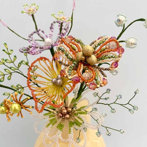 ✾ビーズフラワーブーケ✾ハンドメイド　インテリア ビーズフラワー ブーケ（オレンジ／パープル／グリーン） アート