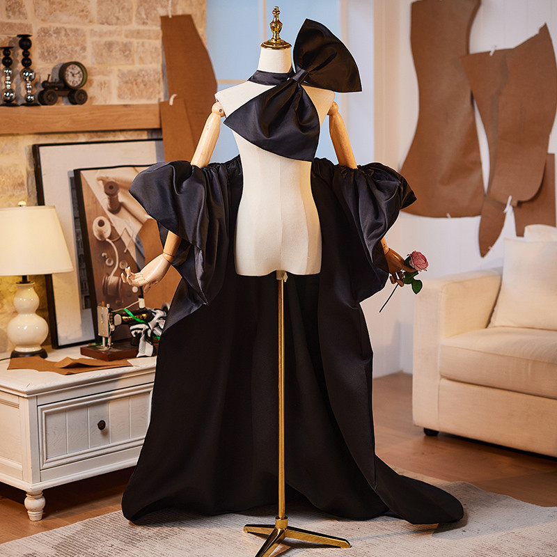 ケープ トレーン 裾引き サテン 黒 リボン 綺麗 DIY 肩飾り アクセサリー ウェディングドレス AK048