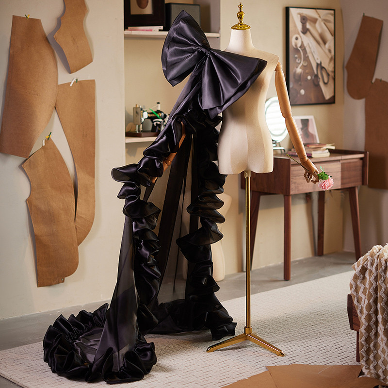 ロングトレーン 大トレーン 裾引き リボン 黒 上品 DIY アクセサリー パーティー ウェディングドレス DTY188