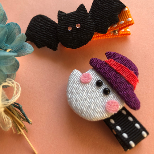 送料無料2点セット♩ちりめん細工のハロウィンおばけとコウモリの