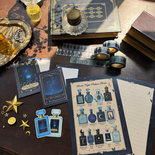 星空香水瓶 青い花とダイヤと蝶々 ラベル柄 ミニメモセット 一筆箋