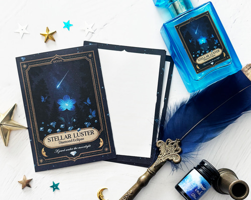 星空香水瓶 青い花とダイヤと蝶々 ラベル柄 ミニメモセット 一筆箋