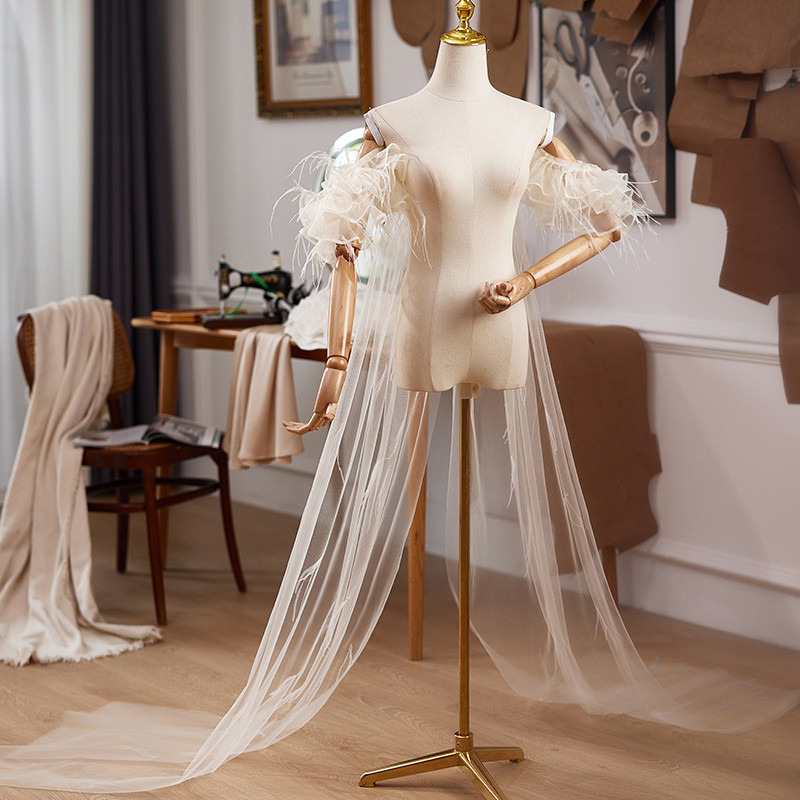 ケープ トレーン 裾引き シャンパン色 DIY 綺麗 肩飾り アクセサリー パーティー ウェディングドレス DTY319