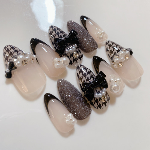 ネイルチップ　量産型　フレンチガーリー　推しネイル　ワンホン　千鳥　キルティング ネイルチップ オーダー 量産型 リボン キルティング 名前 千鳥柄 千鳥