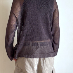 チャコールグレーのリネンシアーニット　麻100％　 3枚目の画像