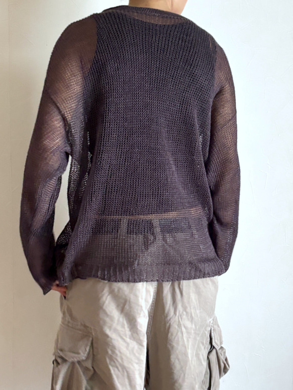 チャコールグレーのリネンシアーニット　麻100％　 3枚目の画像