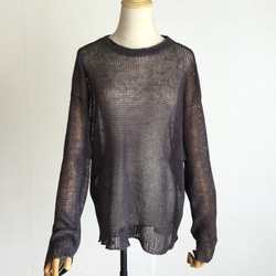 チャコールグレーのリネンシアーニット　麻100％　 1枚目の画像