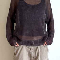 チャコールグレーのリネンシアーニット　麻100％　 2枚目の画像