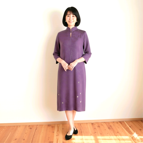 シルクの深紫ロングチュニック＊着物リメイク Deep purple silk long