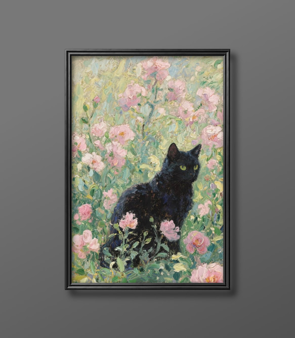 絵画 | イラストポスター 723☆ 【美しい花畑にいる黒猫】 絵画 アカザ