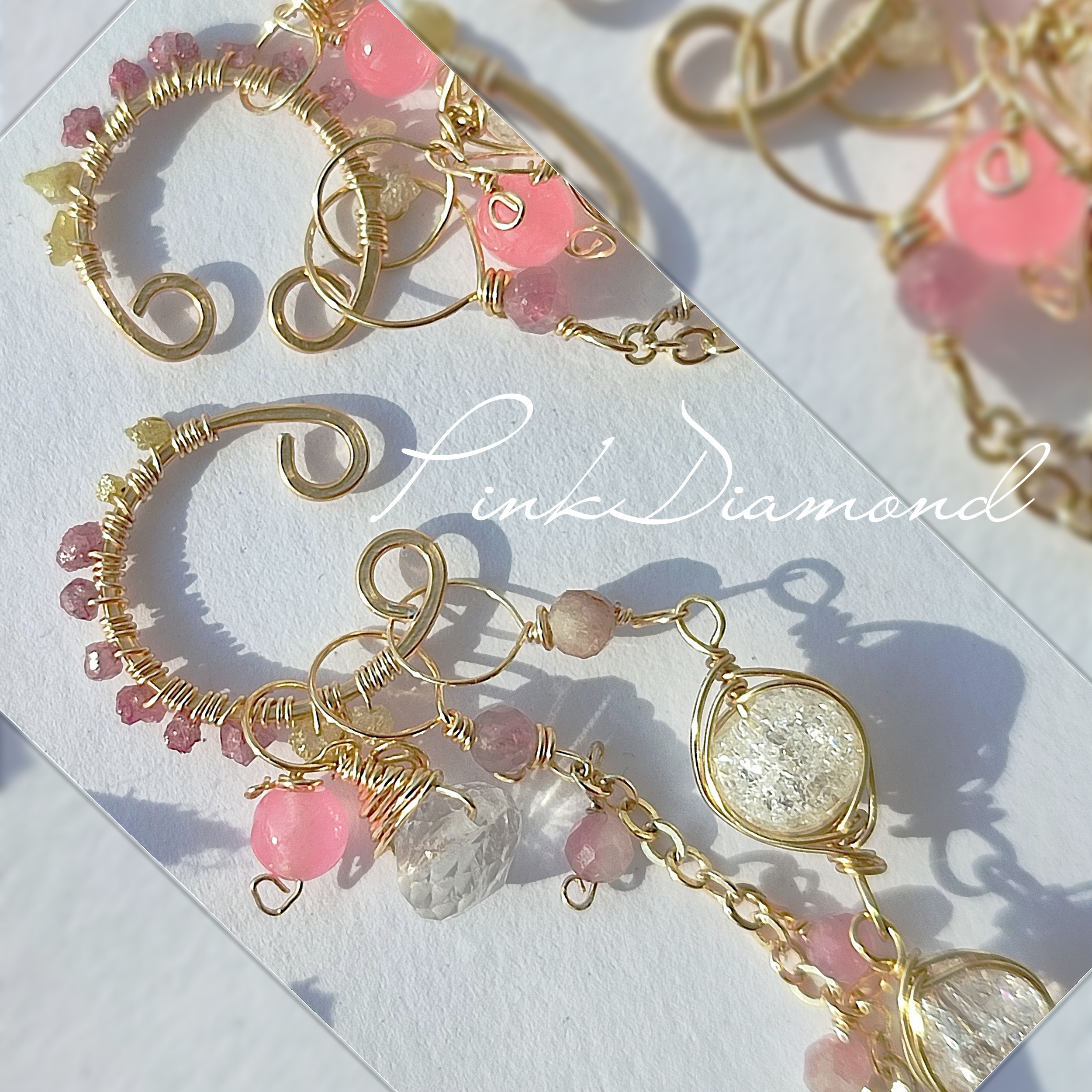 14Kgf 稀少　ピンク　ダイヤモンド　グリーンダイヤモンド　原石　イヤーカフ ペンダントトップ　4way ピアス贈り物