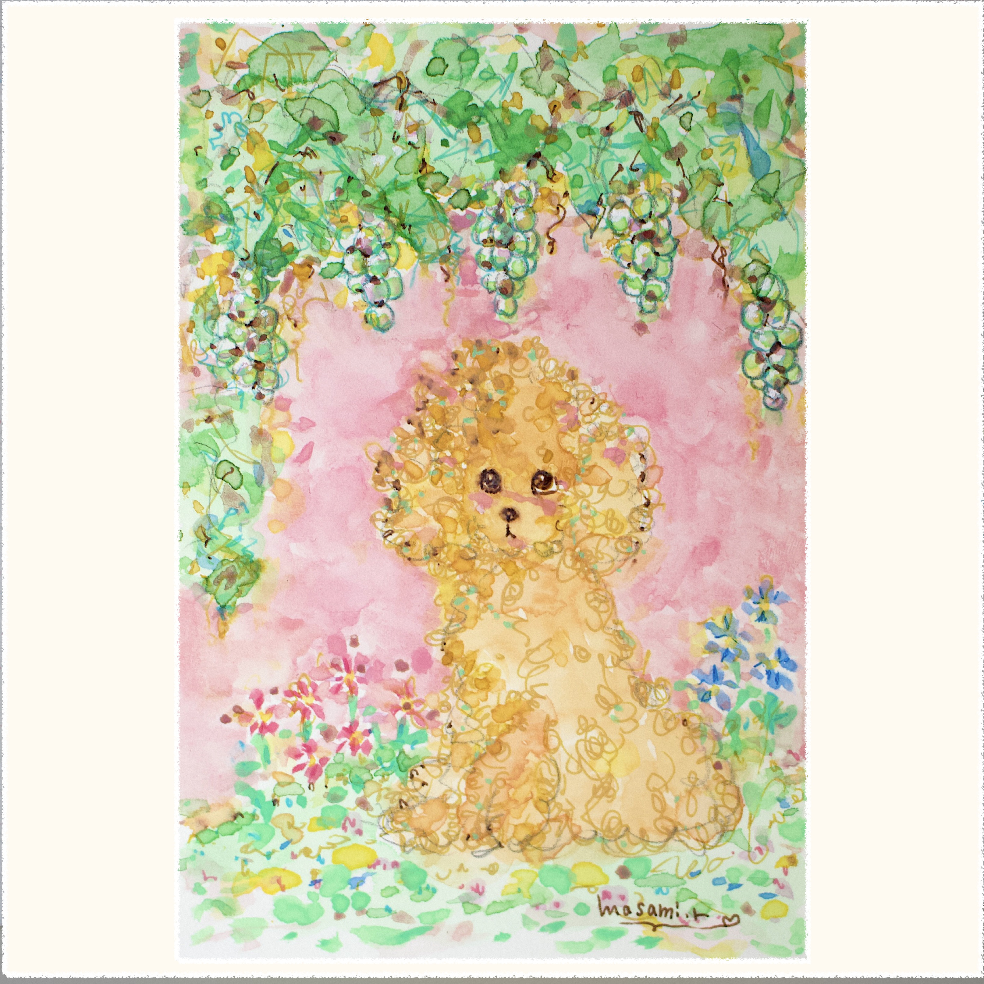 「マスカットとトイプードル（アプリコット）」水彩画イラスト 原画 はがきサイズ 額なし