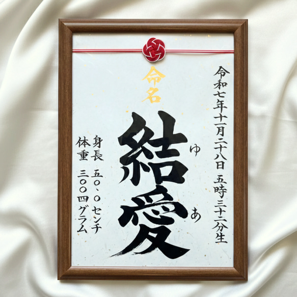 A4サイズ 水引付き命名書】毛筆 手書き 楷書 出産祝い お七夜 百日祝い