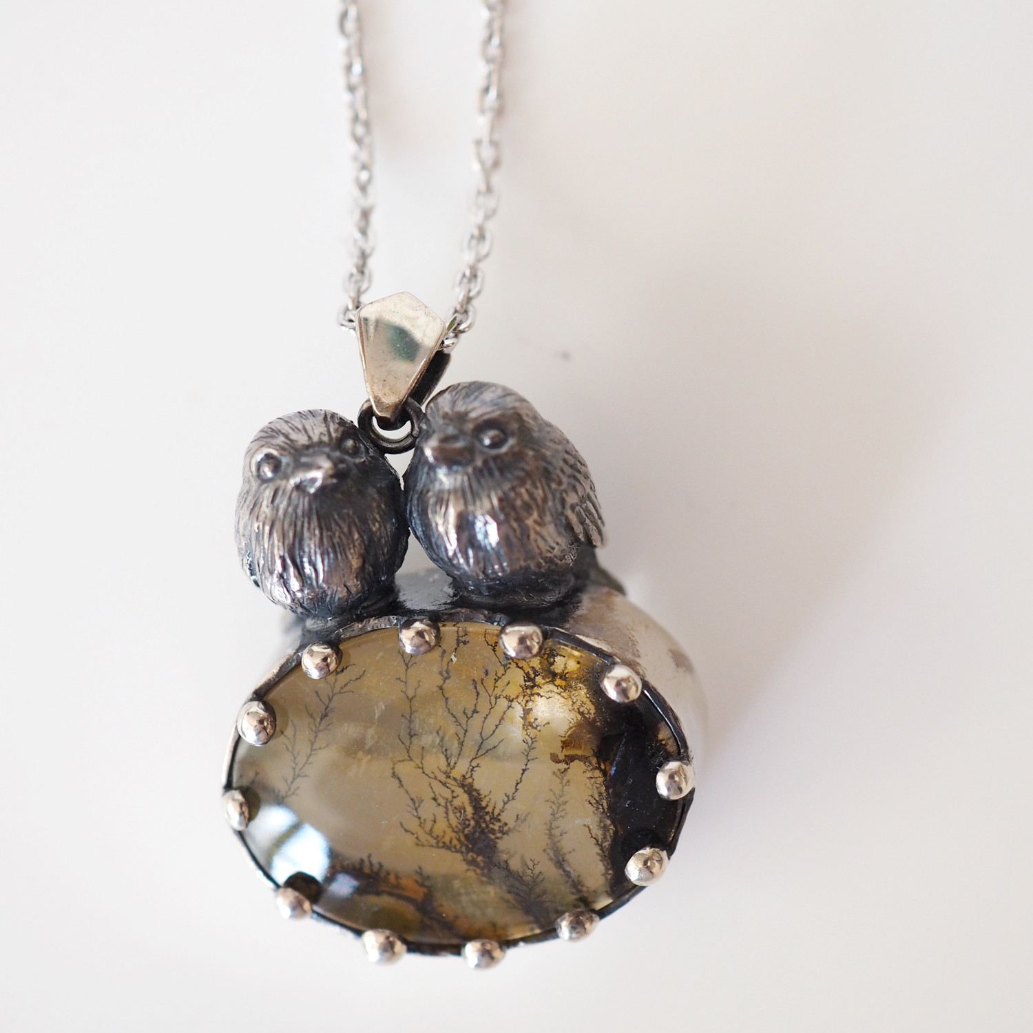 デンドリティッククオーツペンダント2羽の鳥Silverペンダント