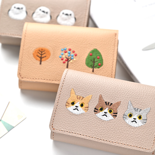 シンプル 三つ折り財布 【 シュリンクレザー 刺繍 】 ミニ財布