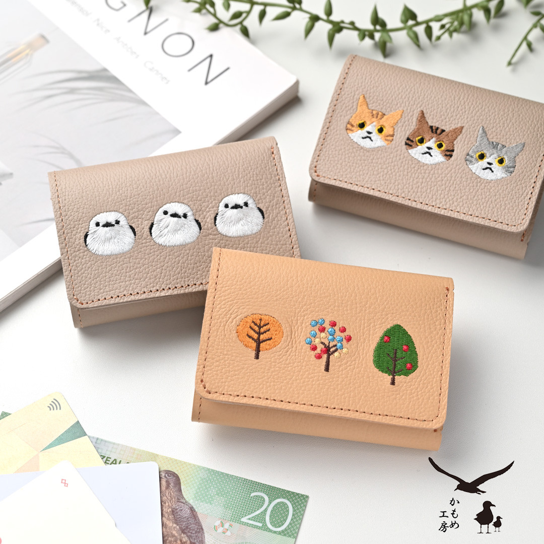 シンプル 三つ折り財布 【 シュリンクレザー 刺繍 】 ミニ財布