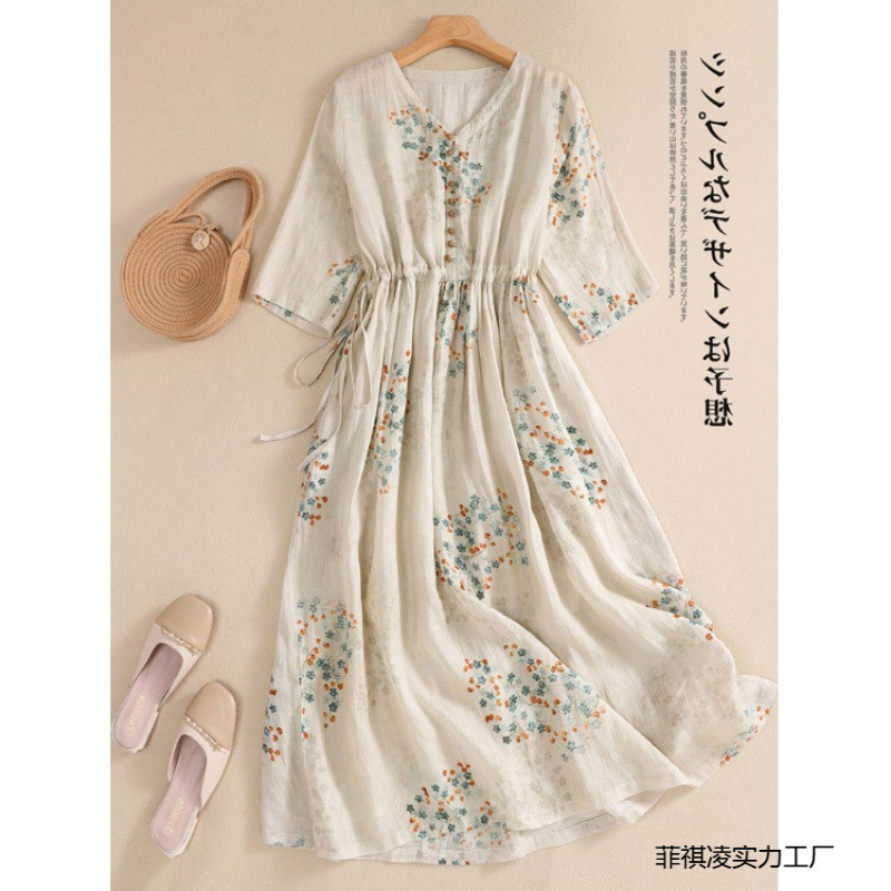 秋レディースレトロ田園風杏色プリントコットンラミーワンピース【返品・交換可】品質最優先25-270