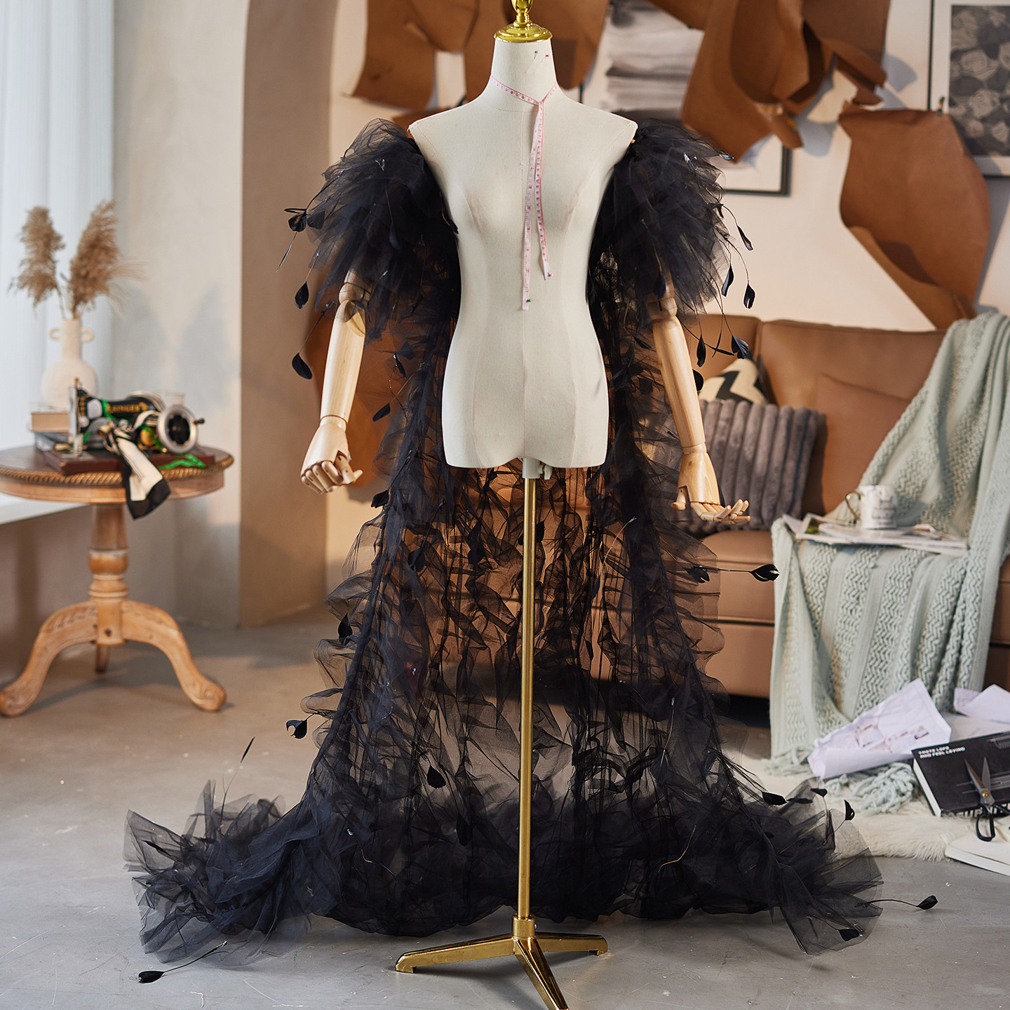 ケープ トレーン 裾引き 黒 高級感 DIY 肩飾り アクセサリー ウェディングドレス DTY445