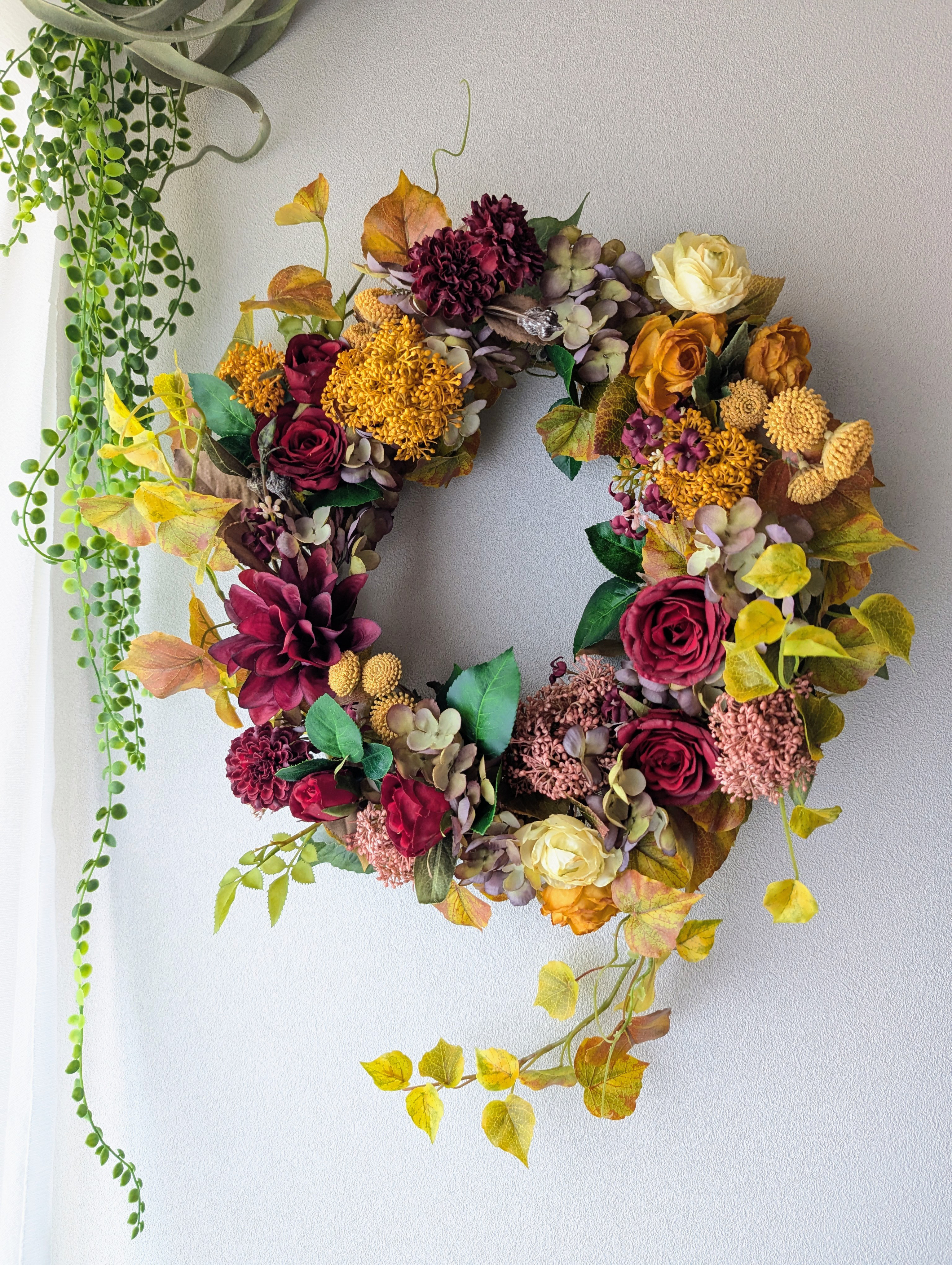 こっくりカラー アンティカローズの秋色リース～ローズ×ダリア×カラードシキミア 大きめサイズ アーティフィシャル ギフト