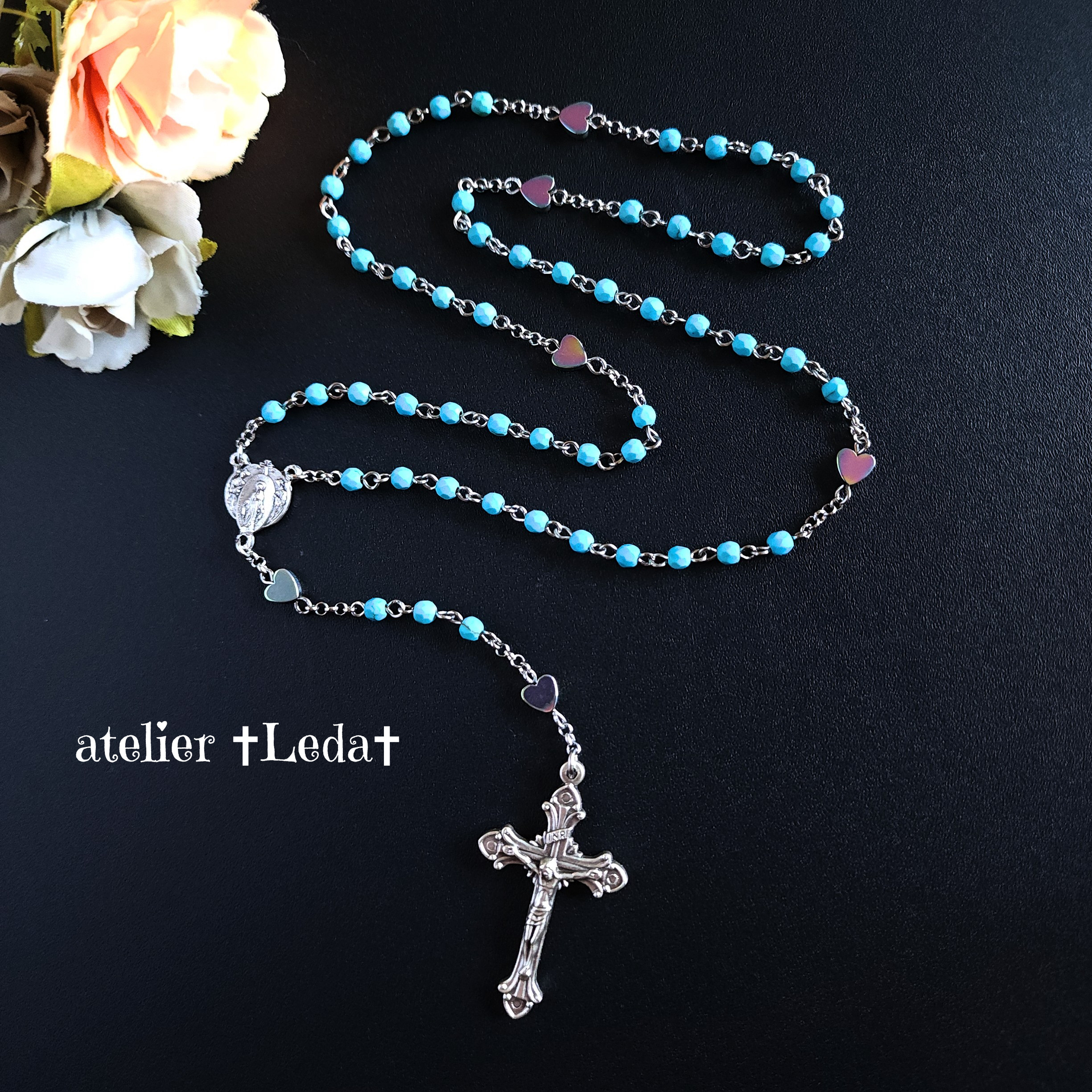 ☆ブルーターコイズ＆ハートヘマタイト ロザリオ☆~Blue Turquoise~