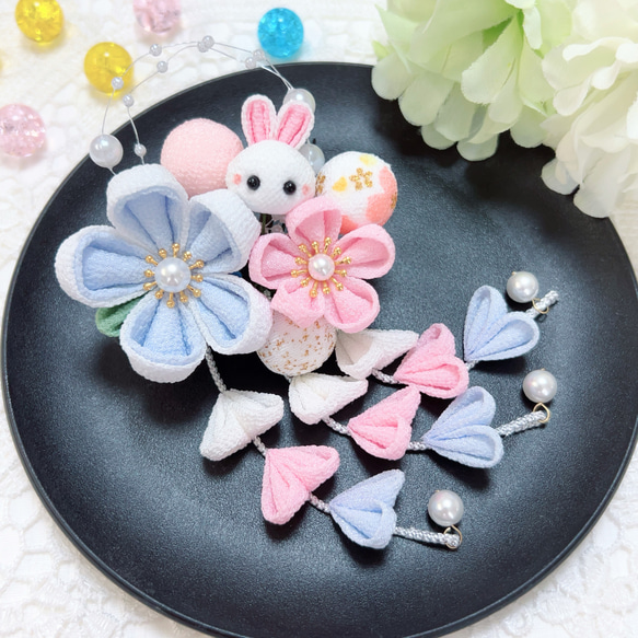 2日で発送 七五三 小さなちりめん玉 つまみ細工 髪飾り(水色 ピンク