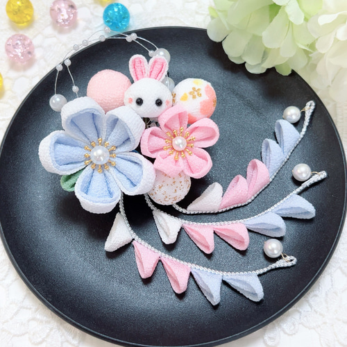 2日で発送 七五三 小さなちりめん玉 つまみ細工 髪飾り(水色 ピンク