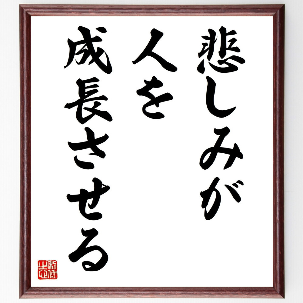 名言「悲しみが人を成長させる」手書き書道色紙額／受注後の毛筆直筆（V9425）