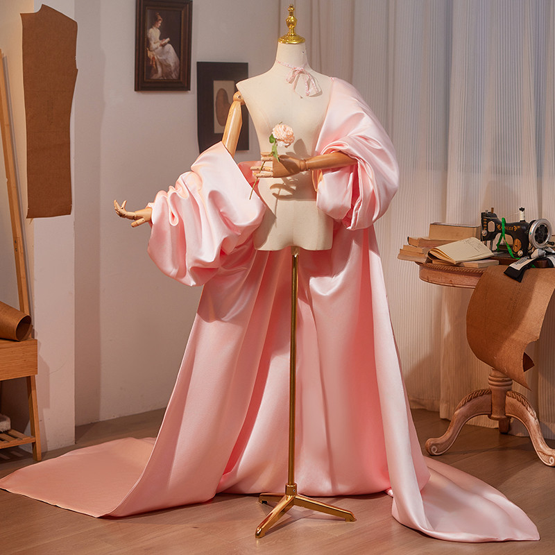 ケープ トレーン 裾引き ピンク サテン 特大スリーブ DIY 肩飾り アクセサリー ウェディングドレス DTY123