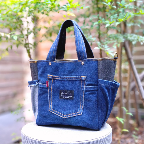 №764【DENIM✖️サイドポケットToteBag⚮̈】デニムリメイクトート