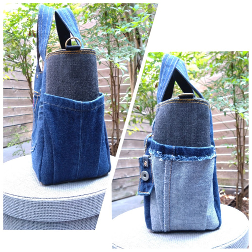 №764【DENIM✖️サイドポケットToteBag⚮̈】デニムリメイクトート