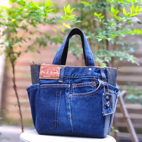 №764【DENIM✖️サイドポケットToteBag⚮̈】デニムリメイクトート