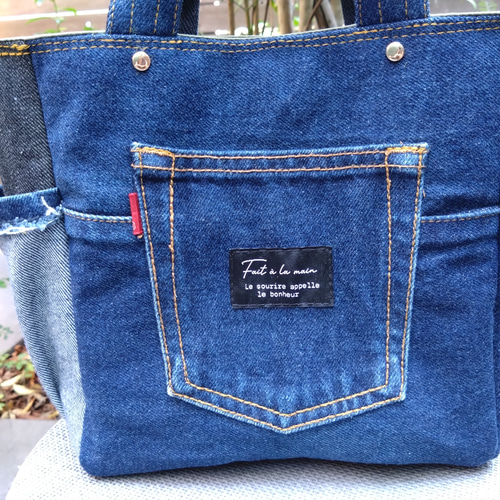 №764【DENIM✖️サイドポケットToteBag⚮̈】デニムリメイクトート
