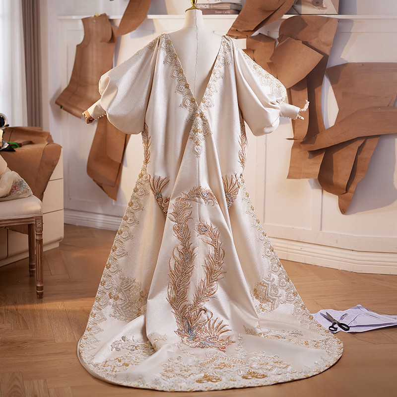 ケープ トレーン 裾引き シャンパン色 豪華刺繍 DIY 綺麗 肩飾り アクセサリー ウェディングドレス DTY334