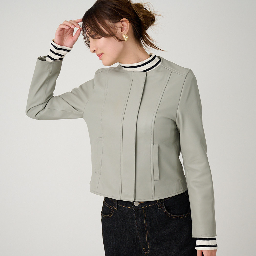 ﾓﾘﾉｶﾞｯｺｳ Mサイズ ラムレザーノーカラージャケットブルゾン【ライトグレー】｜MG28332-gy-M