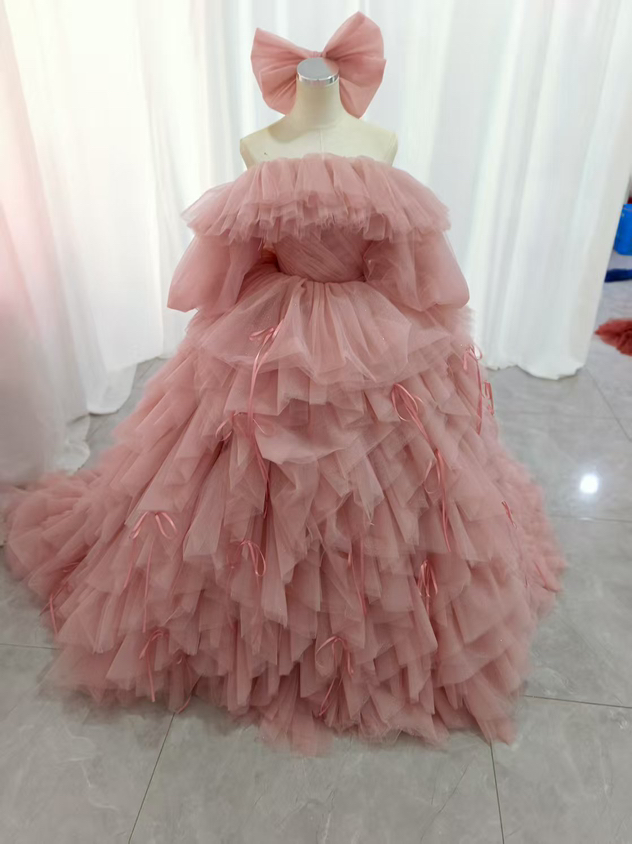 豪華！カラードレス ピンク キラキラチュール オフショルダー パフスリーブ リボン ボリュームドレス 花嫁
