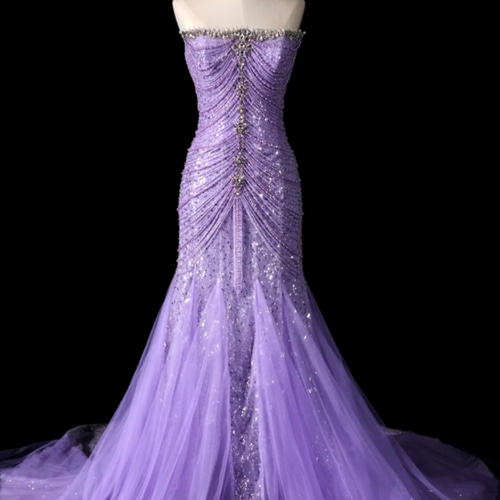 豪華！カラードレス マーメイドドレス 紫ラベンダー色 キラキラ ビジュ