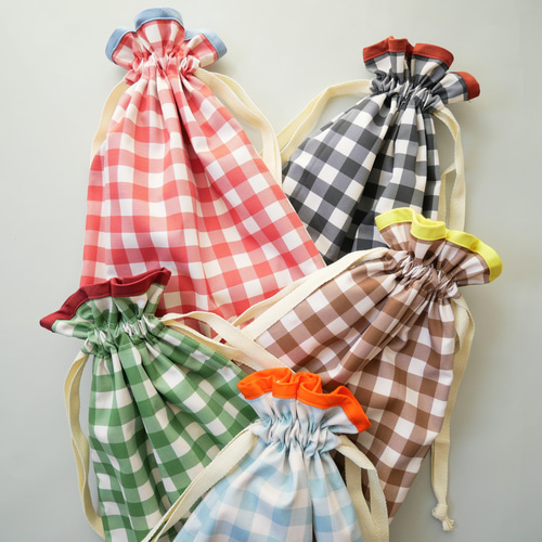 オーダーok〙checkバイカラーパイピング巾着袋 その他入園グッズ