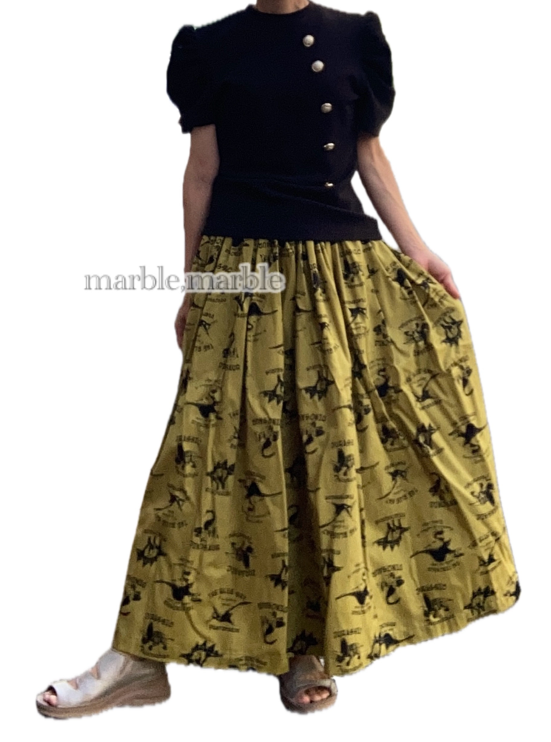 ダイナソースカート　怪獣　恐竜　ガオー　大人スカート　ギャザースカート　ふんわりスカート