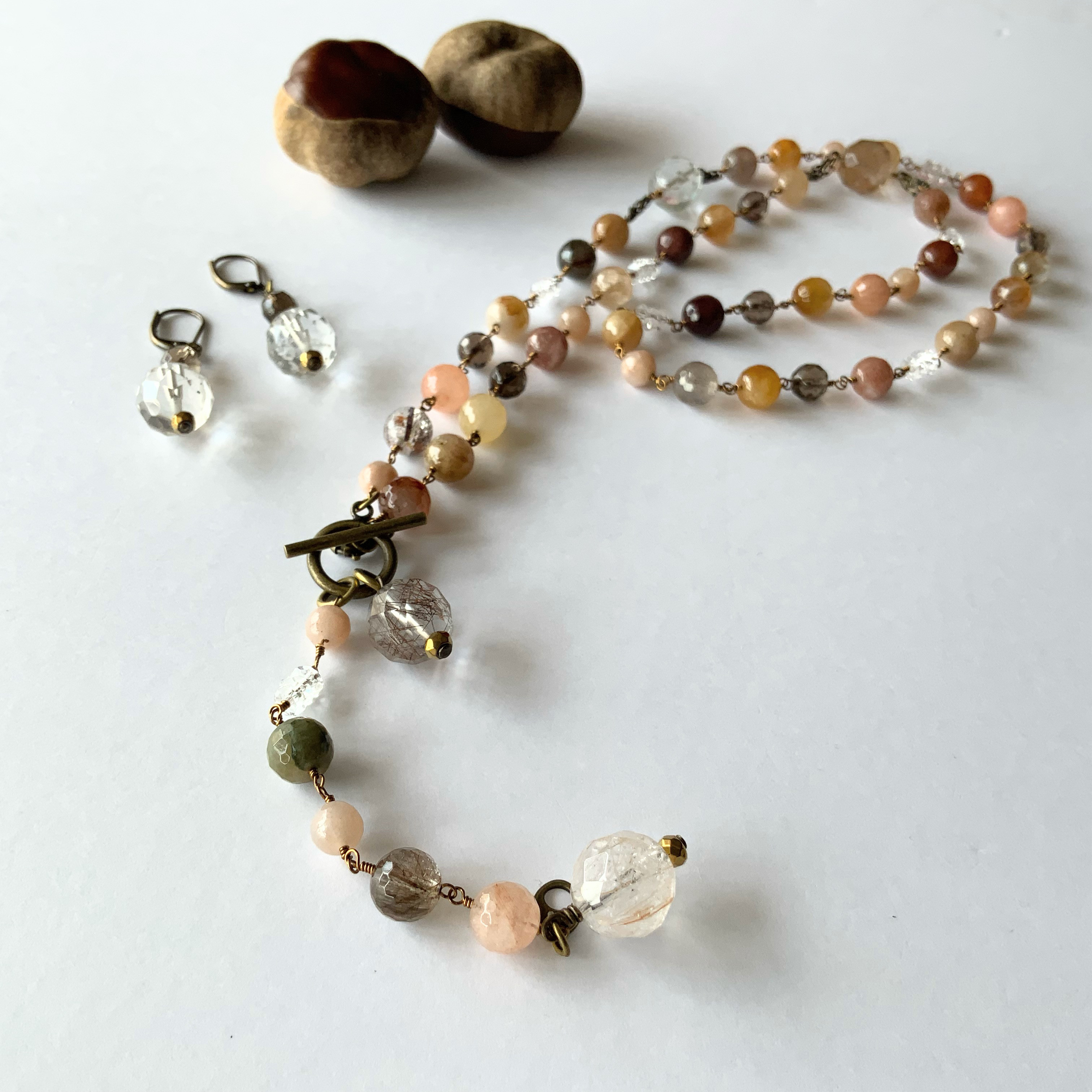 秋色マルチカラールチルクオーツ✴︎ロングネックレス&ピアスセット