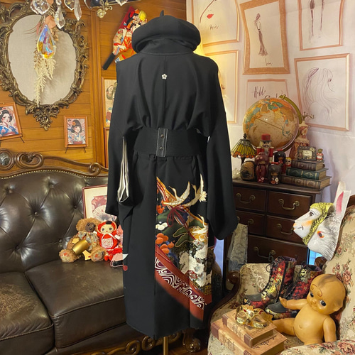 和洋折衷 黒留袖 着物 リメイク ワンピース ドレス 洗える 化繊 緋色