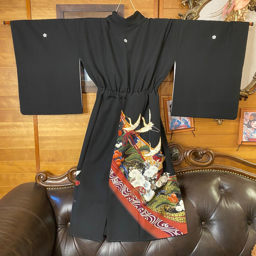 和洋折衷 黒留袖 着物 リメイク ワンピース ドレス 洗える 化繊