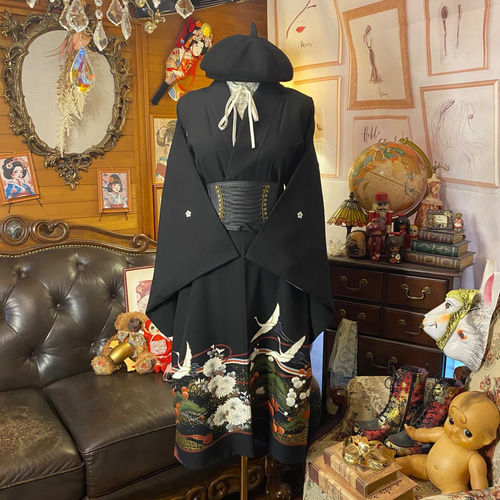 和洋折衷 黒留袖 着物 リメイク ワンピース ドレス 洗える 化繊