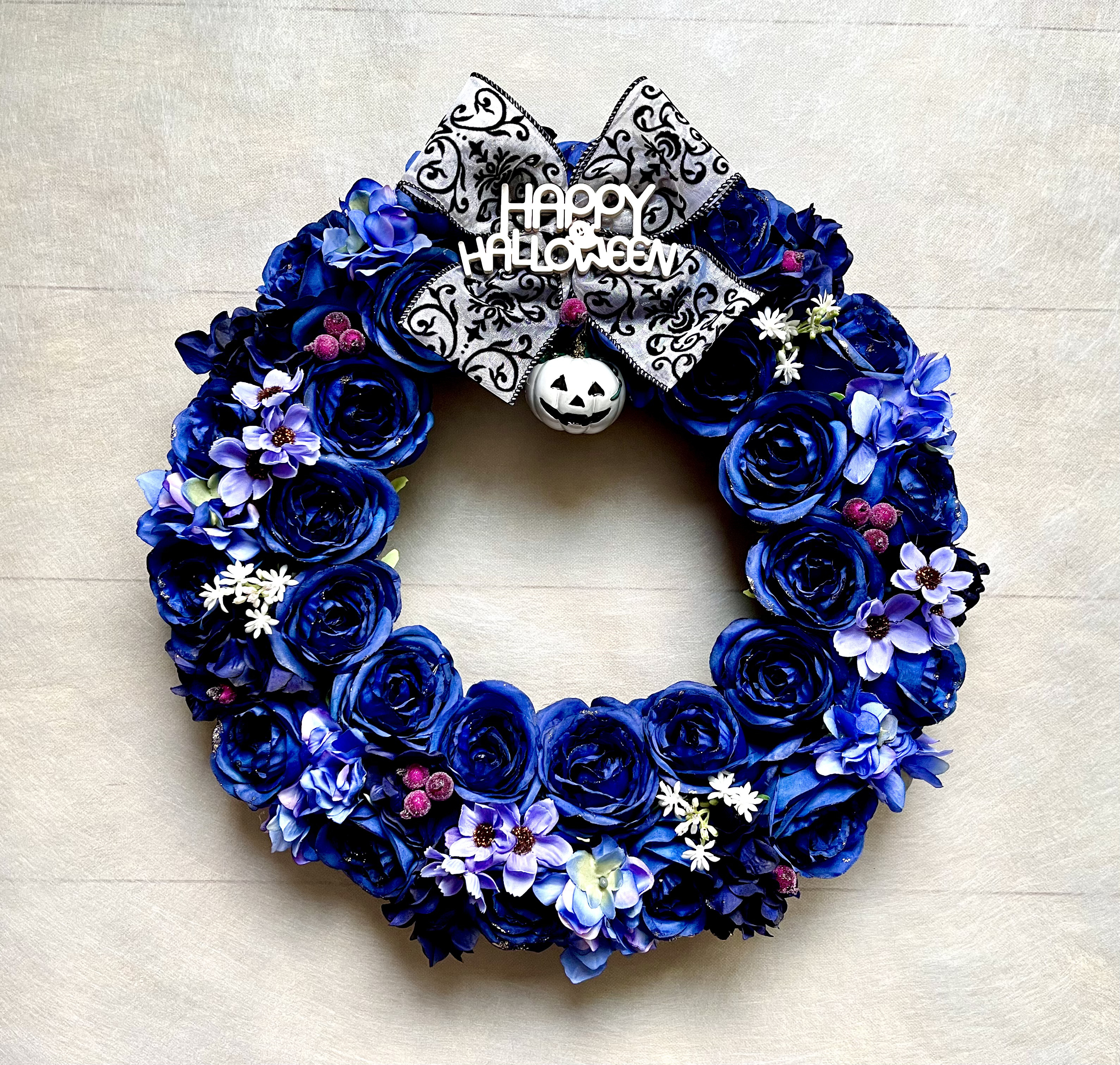 No.wreath-15565/ハロウィンリース25-(7) ブルーローズ　40cm/アーティフィシャルフラワー造花