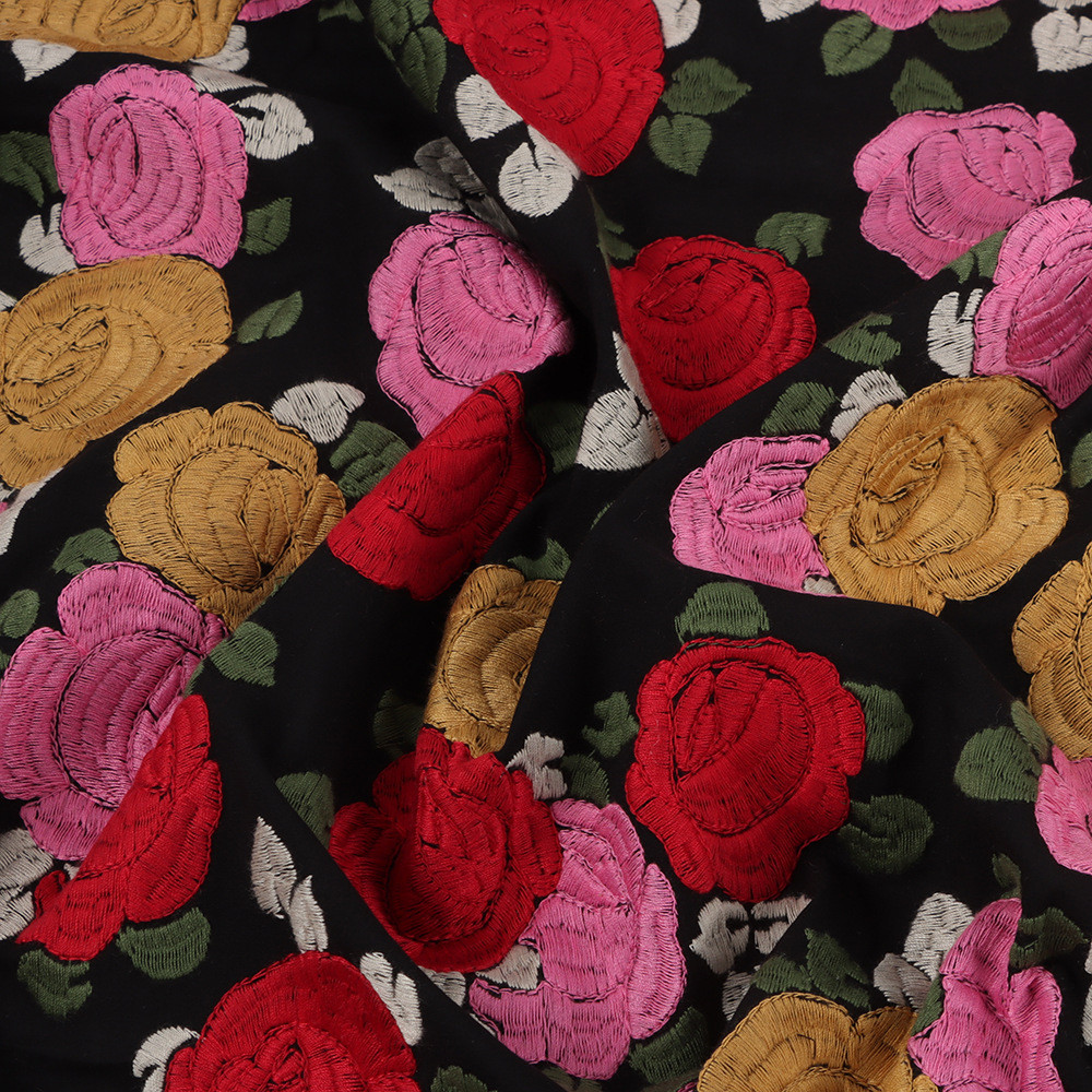 長さ1m 刺繡生地 薔薇 バラ 黒 綺麗 上品 布 ぬの きじ 手芸 KJ379