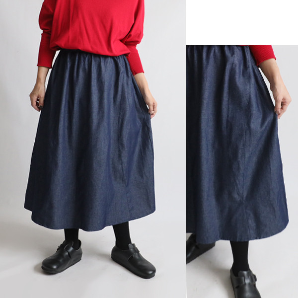 ⁑（送料無料）新作　春のスカートまつり　８０cm丈　愉快なパッチワーク　ギャザー スカート　甘織デニム　デニム　Y87C
