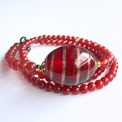 【D32】　大人女性に似合う赤の輝き｜レッド&ブロンズとんぼ玉×赤めのう×ガーネット ネックレス　天然石ビーズ 1枚目の画像