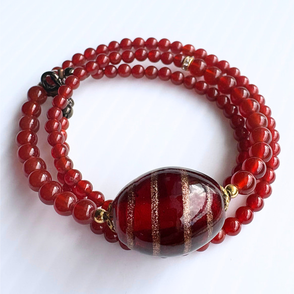 【D32】　大人女性に似合う赤の輝き｜レッド&ブロンズとんぼ玉×赤めのう×ガーネット ネックレス　天然石ビーズ 9枚目の画像