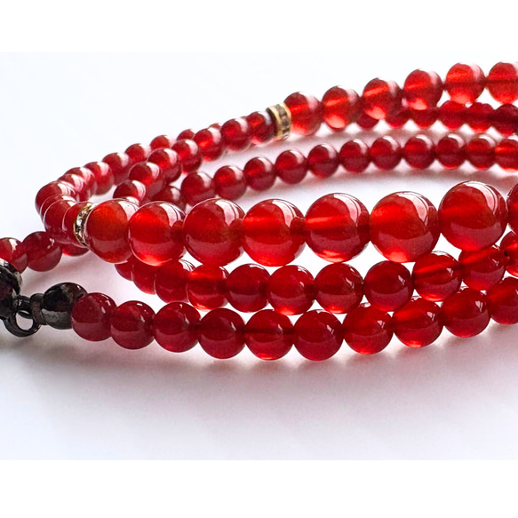 【D32】　大人女性に似合う赤の輝き｜レッド&ブロンズとんぼ玉×赤めのう×ガーネット ネックレス　天然石ビーズ 6枚目の画像