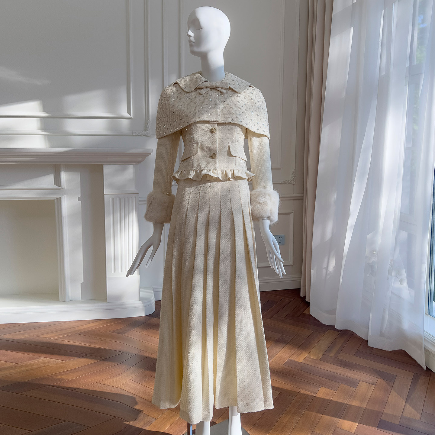 3点セット ツイード ウェディングドレス 秋冬 上下 アウター クリーム色 高級感 上品 韓国風 二次会 91596
